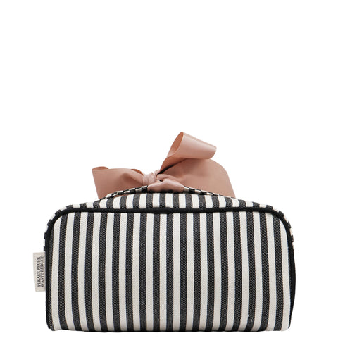 Bag-all Accordion Box Makeup & Toiletry striped organizer with pink bow and durable recycled grosgrain ribbon detail