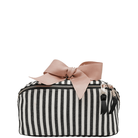 Striped black and white accordion box makeup and toiletry organizer with pink bow by Bag-all for stylish storage and travel use