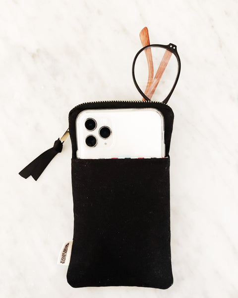 Bag-all My Specs Glasses Case in black canvas with exterior pocket, showcasing zippered design with phone storage and glasses compartment, displayed on white background.