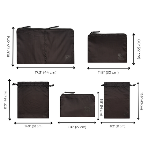Bag-all Recycled Nylon Packing Bags Set in black featuring 5 different sizes: large double case, medium case, small case, and two drawstring bags with detailed measurements for organized travel
