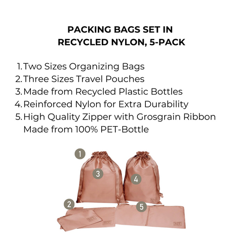 Bag-all Pink Recycled Nylon Packing Set: 5 organization bags in various sizes with reinforced fabric made from 6 recycled plastic bottles, featuring durable zippers and grosgrain ribbon details