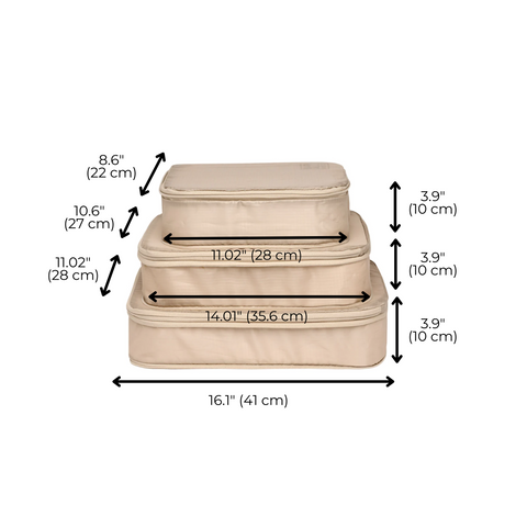 Bag-all Compression Cubes & Packing Bags Set dimensions diagram showing 3 stackable taupe organizers with measurements ranging from 8.6" to 16.1" in length for efficient travel packing