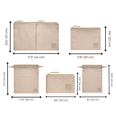 Bag-all Compression Cubes & Packing Bags Set in taupe showing 8 eco-friendly travel organizers with dimensions, featuring various sizes for clothes, shoes, and accessories made from recycled nylon