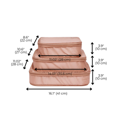 Bag-all Compression Cubes & Packing Bags Set in pink blush showing three stackable cubes with detailed measurements, made from recycled nylon for sustainable travel organization