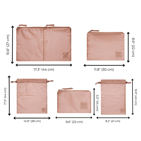 Bag-all Compression Cubes & Packing Bags Set in pink/blush featuring 8 eco-friendly nylon organizers with dimensions, perfect for travel organization and space-saving packing