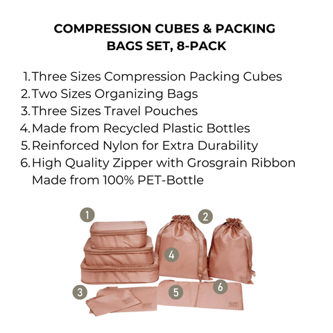 Bag-all Compression Cubes & Packing Bags Set in pink/blush featuring 8 eco-friendly travel organizers - 3 compression cubes, 2 organizing bags, and 3 pouches made from recycled nylon with durable PET zippers
