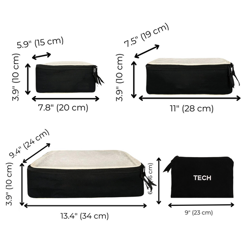 Bag-all BA Travel Set, 8-Pack in Black with dimensions. Includes packing cubes and tech pouch for organized and efficient packing