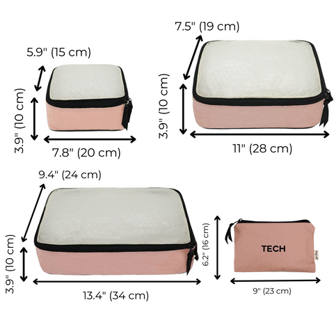 Bag-all BA Travel Set, 8-Pack in Pink/Blush with dimensions. Includes packing cubes and tech pouch for organized and efficient packing