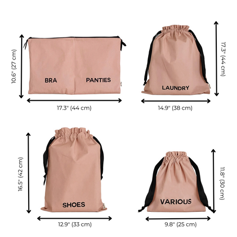 Bag-all BA Travel Set, 8-Pack in Pink/Blush with dimensions. Includes laundry, shoe, socks, unders, and various pouches for organized travel