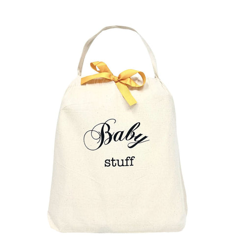 Bag-all Baby Fancy Bag in Cream with yellow ribbon. Elegant cotton drawstring pouch with ‘Baby Stuff’ print, perfect for organizing baby essentials