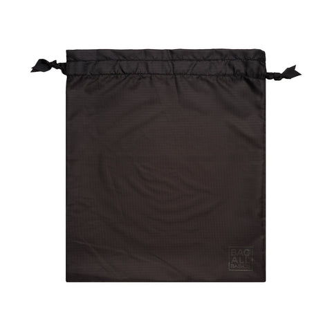 Bag-all Black Compression Cube with drawstring closure, part of 8-pack travel organizer set, made from recycled nylon with eco-friendly logo detail