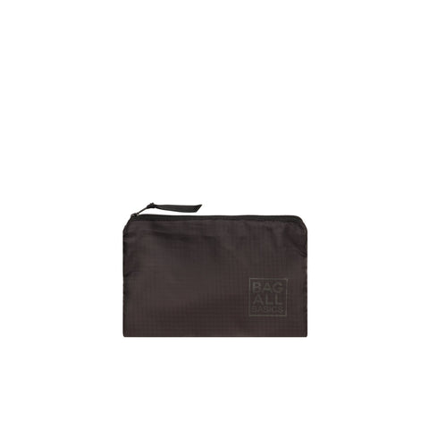 Bag-all Black Compression Cube from eco-friendly recycled nylon, part of 8-pack travel organizer set with zipper closure and brand logo detail