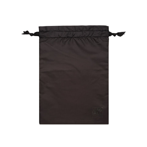 Bag-all recycled nylon black packing bag with drawstring closure, part of 5-pack set, featuring eco-friendly construction from repurposed plastic bottles, ideal for travel organization