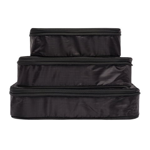 Bag-all recycled nylon compression packing cubes in black, set of 3 sizes, featuring eco-friendly material and space-saving design for organized travel