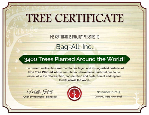 Bag-all Plant a Tree Certificate showing 3400 trees planted worldwide through OneTreePlanted partnership for sustainable reforestation and forest conservation efforts