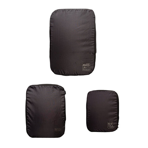 Bag-all Basic Black Compression Packing Cubes 3-pack made from recycled nylon, featuring eco-friendly durable design with space-saving compression technology for efficient travel organization
