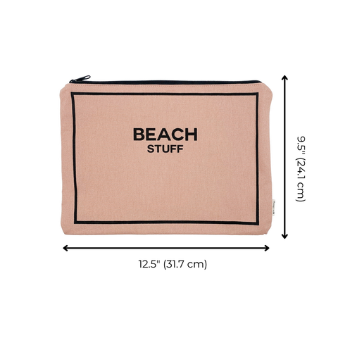 Bag-all Monogram Beach Pouch in pink cotton with black border, waterproof lining, featuring "BEACH STUFF" text, perfect for organizing bathing suits and sunscreen