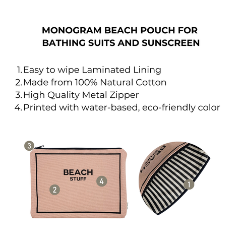 Bag-all Pink Monogram Beach Pouch with waterproof striped lining, metal zipper, and natural cotton exterior - perfect for storing bathing suits and beach essentials