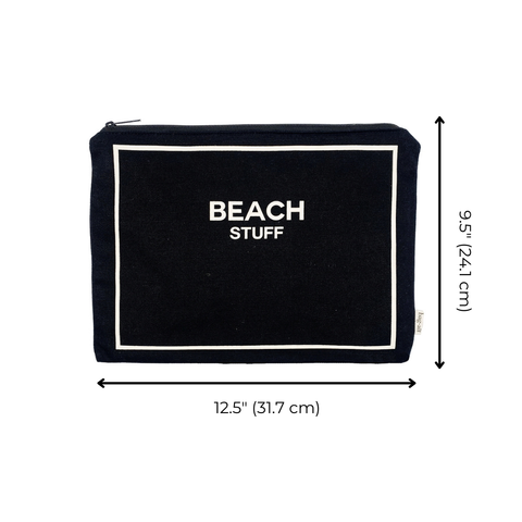 Bag-all Monogram Beach Pouch in black cotton with white trim, featuring "BEACH STUFF" text and waterproof lining, perfect for organizing beach essentials, 12.5" x 9.5