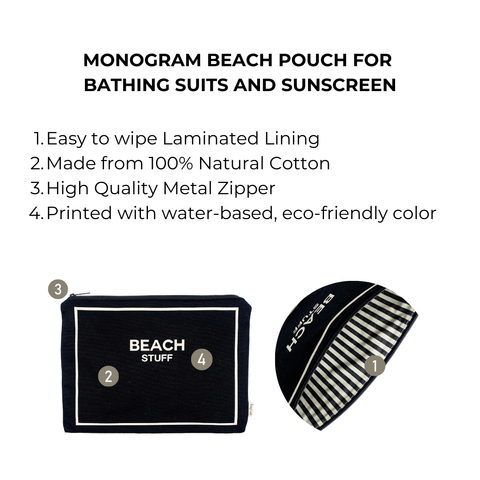 Bag-all Monogram Beach Pouch in black cotton with waterproof lining and metal zipper for bathing suits and sunscreen storage, featuring Beach Stuff text print