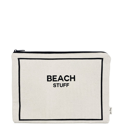 Bag-all cream cotton Beach Stuff pouch with black border and text, featuring waterproof lining and metal zipper for storing beach essentials and swimwear