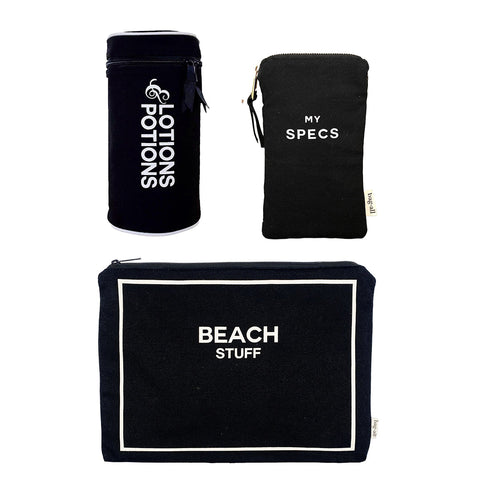Bag-all Stylish Beach Essential Set featuring black cotton cases: 'Beach Stuff' pouch, 'My Specs' case, and 'Lotions & Potions' holder with white text and zipper closures.