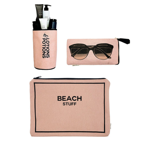 Bag-all Stylish Beach Essentials 3-pack in pink featuring waterproof pouch for lotions, sunglasses case, and beach stuff organizer bag with black text details
