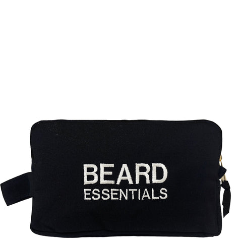 Bag-all Beard Essentials Pouch in black with white embroidery. Stylish and durable travel pouch for grooming and beard care items