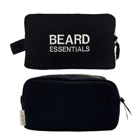 Bag-all Beard Essentials Pouch in black, featuring embroidered text, gold zipper, and sturdy cotton design for grooming storage