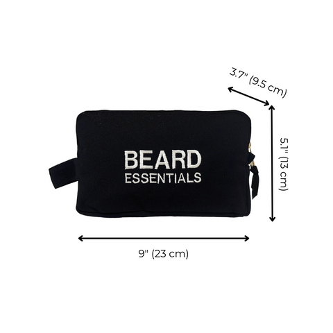 Bag-all Beard Essentials Pouch in black with dimensions: 8.2’’ x 4.7’’ x 3.7’’. Compact and stylish storage for beard grooming tools