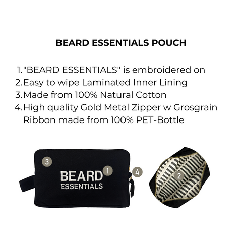 Bag-all Beard Essentials Pouch in black with embroidered text, striped inner lining, and gold zipper. Made from 100% natural cotton
