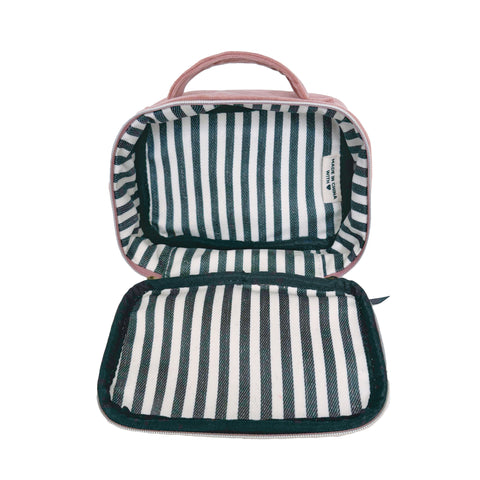 Bag-all Pink Velvet Pill Box with Handle featuring striped interior, weekly organizer compartments, and eco-friendly design for organized medication storage