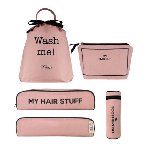 Bag-all Best Value Gift Set featuring pink cotton travel organizers: Wash Me laundry bag, makeup pouch, hair accessories case, and toothbrush holder, perfect for stylish organization