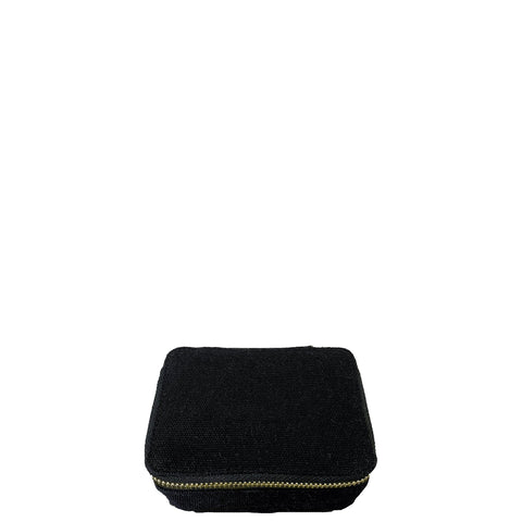 Bag-all Black Jewelry/Trinket Box with gold zipper - compact travel organizer for accessories and small valuables, featuring striped interior lining