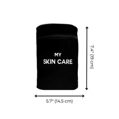 Bag-all Round My Skin Care Case in black cotton with white text, featuring a cylindrical design, measuring 14.5cm wide and 19cm tall, perfect for skincare organization