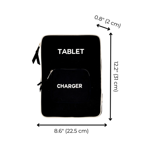 Bag-all black tablet case 11" with charger pocket featuring protective padding, metal zippers and dimensions 8.6" x 12.2". Sleek minimalist design for modern device storage.
