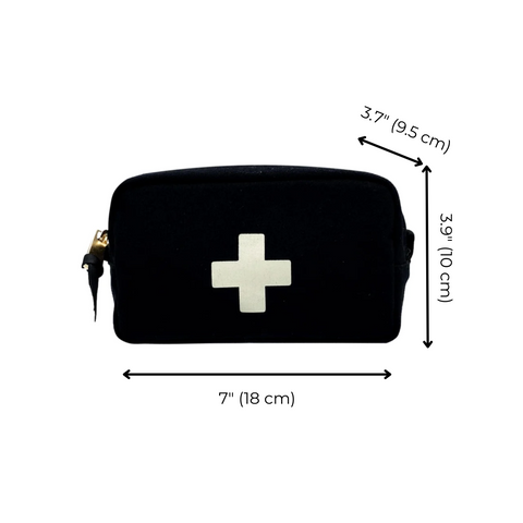 Bag-all First Aid Organizing Pouch in black cotton with white cross emblem, zippered closure, compact size 7x3.9x3.7 inches, perfect for medical supplies and travel