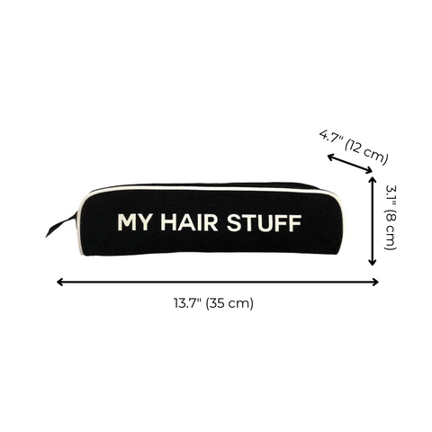 Bag-all Hair Stuff Travel Case in black with measurements 13.7x4.7x3.1 inches, heat-resistant organizer for styling tools and accessories