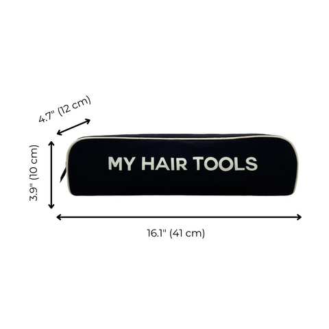 Bag-all Roomy Hair Wrap Tools Travel Case in black with dimensions 16.1" x 3.9" x 4.7", featuring "MY HAIR TOOLS" text and durable construction for Dyson Airwrap storage