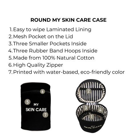 Bag-all Round My Skin Care Case in Black featuring laminated lining, mesh lid pocket, three inner pockets, rubber bands, and eco-friendly cotton construction for organized skincare storage