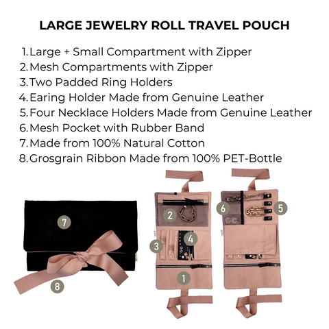 Bag-all Large Jewelry Roll Travel Pouch in black with multiple compartments, genuine leather holders, mesh pockets, and pink ribbon detail - luxury jewelry organizer with secure closures