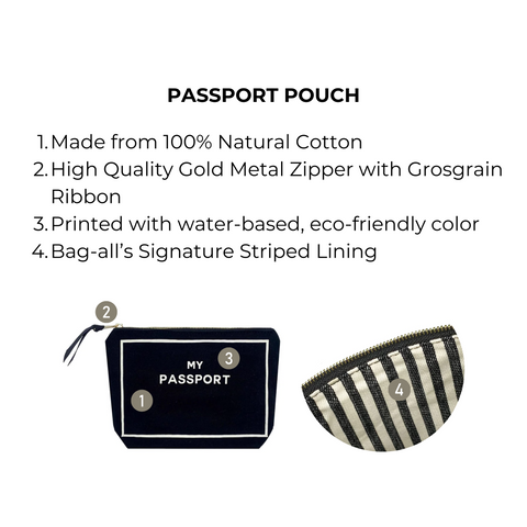 Bag-all Black Passport Pouch with striped lining, gold zipper, and natural cotton construction. Travel organizer for passports, cards, and documents.