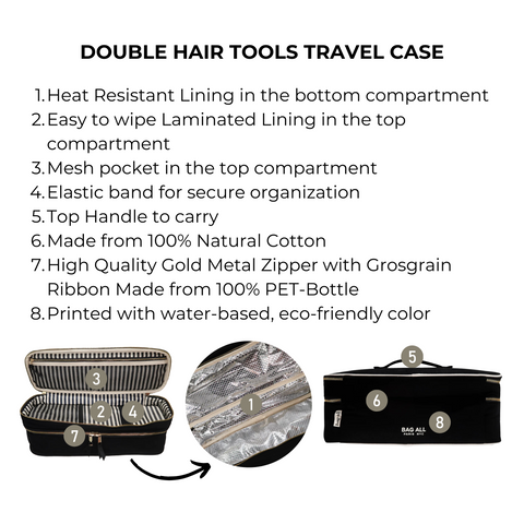 Bag-all Double Hair Tools Travel Case in black featuring heat-resistant lining, mesh pocket, and elastic bands for secure storage of Dyson Airwrap and styling tools