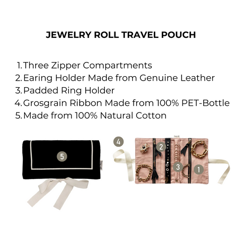 Bag-all Couture Jewelry Roll Medium Black featuring three zippered compartments, genuine leather earring holder, padded ring storage, and sustainable cotton construction with pink interior