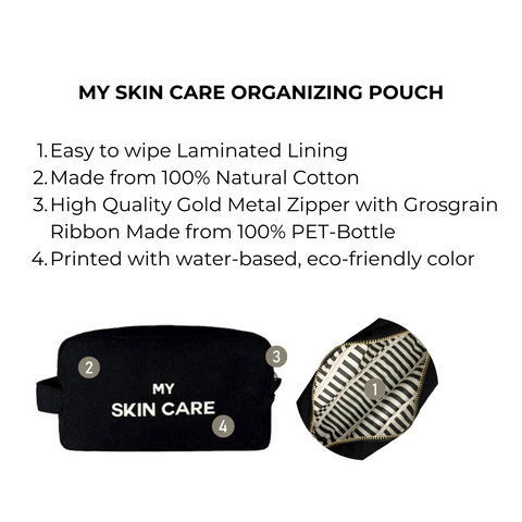 Bag-all My Skin Care Organizing Pouch in black cotton with waterproof lining, gold zipper and eco-friendly print. Features laminated interior for easy cleaning