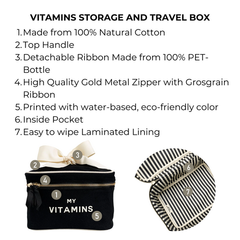 Bag-all Vitamins Storage and Travel Box in black cotton with gold zipper, striped lining, detachable ribbon and top handle. Features waterproof interior and 'MY VITAMINS' print.