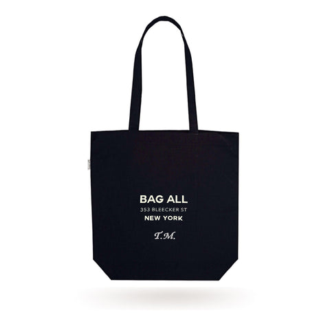 Bag-all New York City Tote with Zipper - Classic black cotton tote featuring interior pocket, secure zipper closure, and Bleecker Street logo print, perfect for daily essentials
