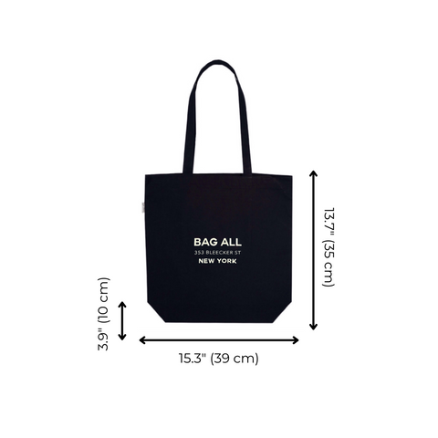 Bag-all New York City Tote with Zipper - Black cotton eco-friendly tote bag with interior pocket, measuring 15.3 x 13.7 inches, featuring brand logo and secure zipper closure