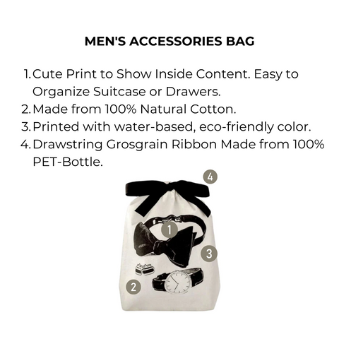 Bag-all Men's Accessories Bag in cream cotton featuring black illustrated prints of watch, cufflinks and bow tie, with eco-friendly drawstring closure for organized travel storage