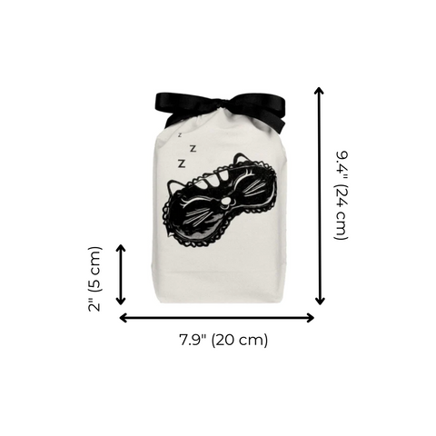 Bag-all Cat Sleepy Mask Bag in cream cotton with black sleeping mask design and bow, perfect for travel organization, 7.9 x 9.4 inches
